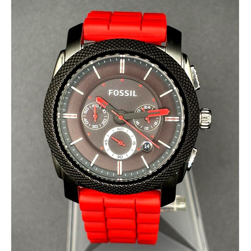 Fossil FS4598 Machine Chronograph Men’s Silver Red Silicone Strap 45mm Watch
